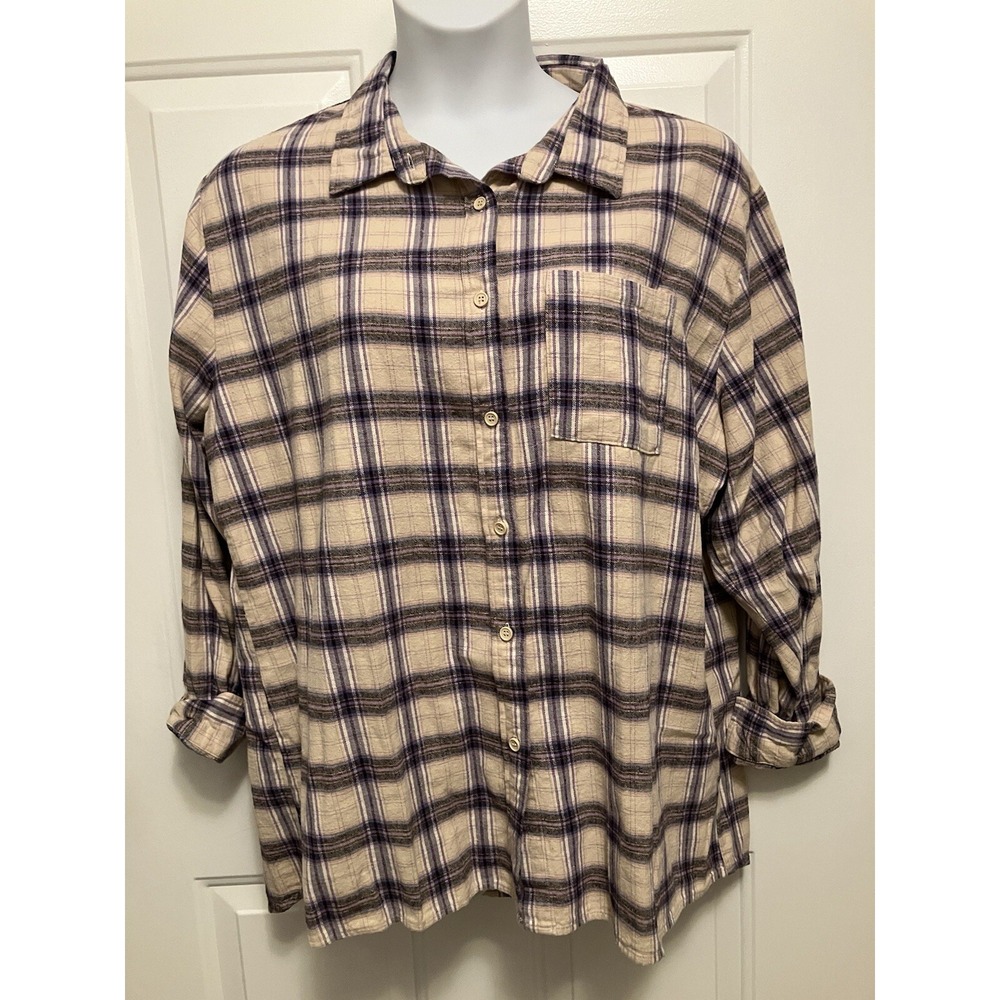 NWT Cotton On Flannel Medium/Large Button Up Shirt‎ Women's Beige Purple Plaid